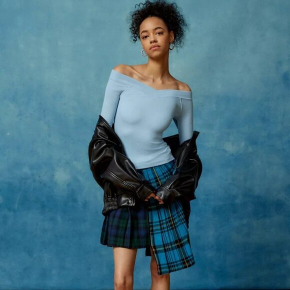 NWT Urban Outfitters BDG Shannen Off The Shoulder Long Sleeve Blue Tee - Picture 3 of 4